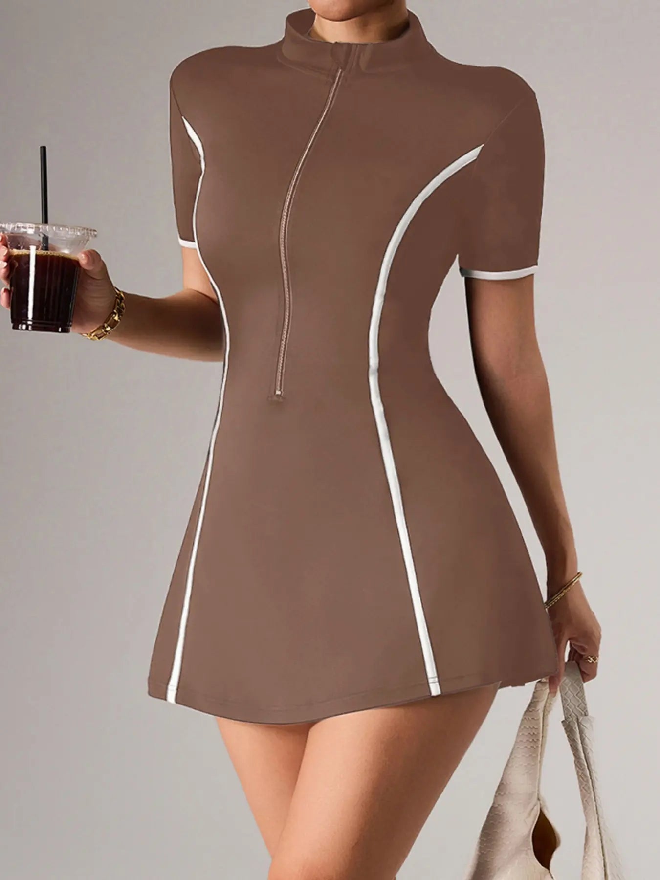 Women'S Spring Summer Zipper Dress with Inner Lining, Short Sleeve Skirt Set, Colorblock Design, Moisture-Wicking, Sports Yoga Wear